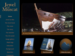 Screengrab of the Jewel of Muscat project home page showing the hull of the vessel and various promotional materials like a DVD and book. There is a site menu on the left.