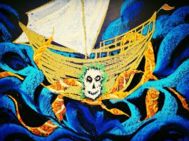 Artwork depicting the Baba Darya - a yellow dhow rides a stormy sea with the image of a scary skull floating on the outside of the dhow