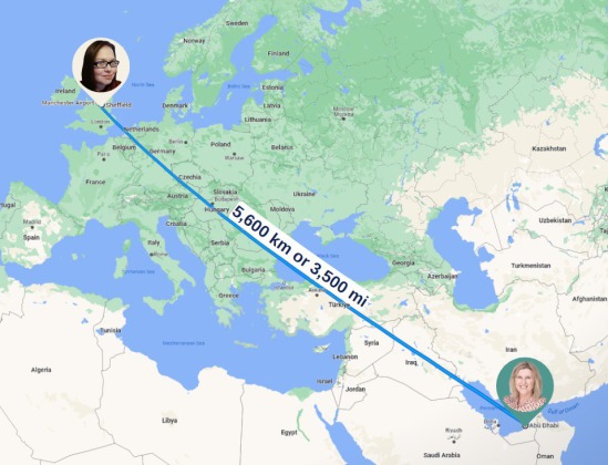 A map showing the location of the authors in England and Abu Dhabi Emirate. The author's pictures are in their respective locations and a line joins the two locations. Text appears above the line stating 5,600km or 3,500mi.